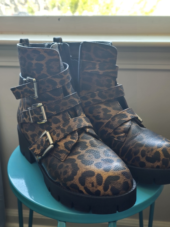 Shoes - Leopard Print Buckle Ankle Boots - Brown